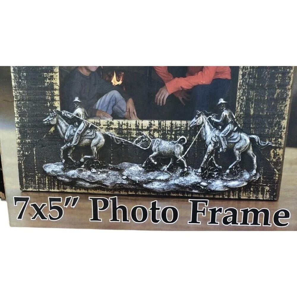 Western Moments‎ Photo Frame Wooden 7x5” Metal horses cowboys Outside 10x9 NIB